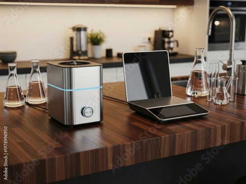 High-End Kitchen Counter with Unbranded Biohacking Tech Devices