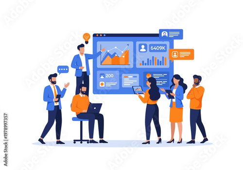 Diverse business team collaboratively analyzing digital data and developing strategic marketing plans for online growth and success, focusing on performance optimization