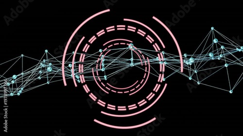 Concentric pink segmented rings rotating over small cyan nodes and thin linked lines on black field