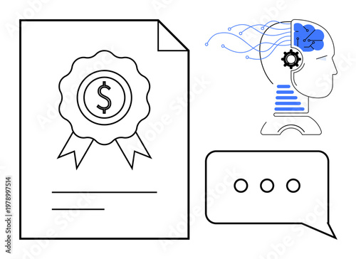 Artificial intelligence, finance, learning, communication, certification, technology. A diploma with a dollar symbol, a robotic head with gears and a speech bubble. AI and finance concept
