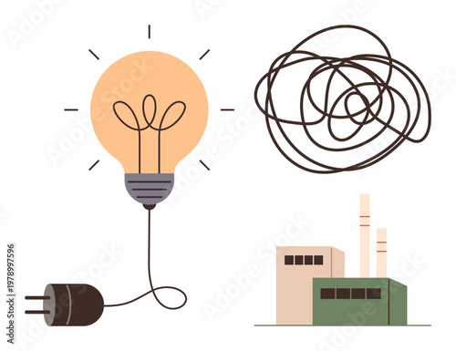 Renewable energy, energy production, innovation, brainstorming, sustainability, power harnessing. Light bulb with cord, factory tangled lines. Renewable energy and innovation