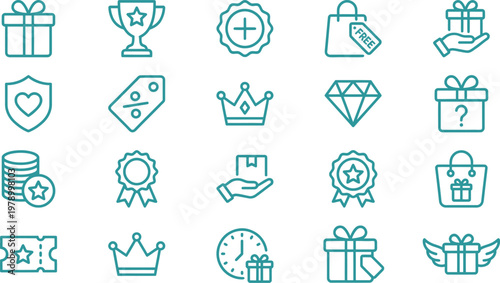 A collection of various teal line icons representing marketing symbols including gifts, trophies, crowns, and badges