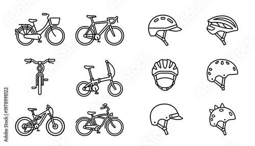 Fotografie Bicycles and helmets line icons set.