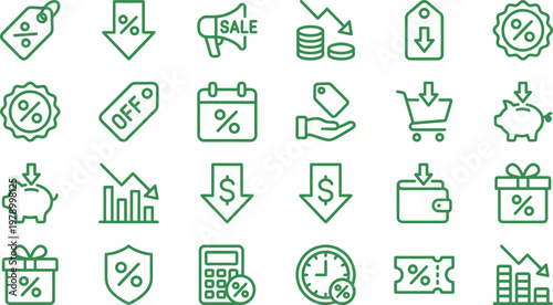 Set of green outline icons illustrating various financial concepts like discounts, sales, savings and price reductions