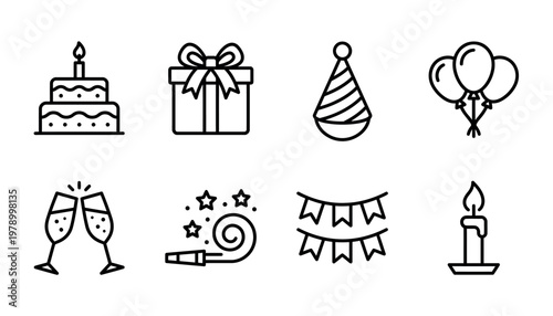 Birthday celebration icons and symbols.