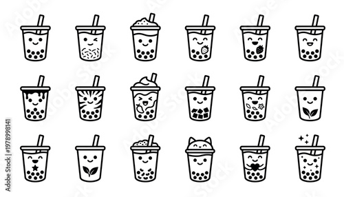 Collection of cartoon bubble tea cups.