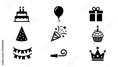 Black icons for birthday celebration party.