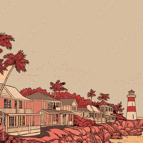 Line Drawing of Charming Bahamian Style Houses