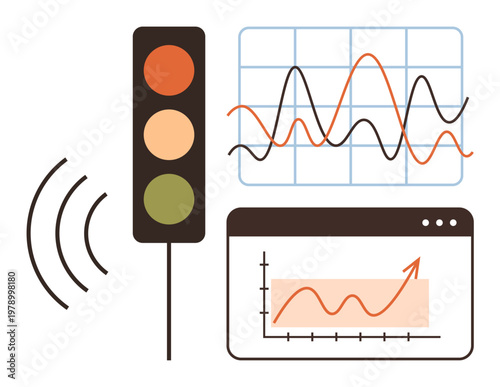 Traffic flow optimization, data analysis, smart city tech, signal monitoring, predictive data tools, real-time graphs. Traffic light, signal waves graphs with trends and analytics. Traffic flow