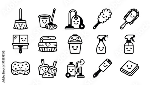 Set of cute cleaning tools icons.