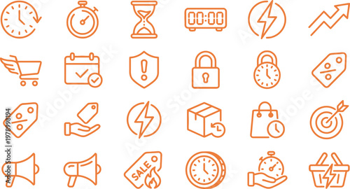 Fotografie Set of orange vector icons featuring commerce, time management, logistics, and m