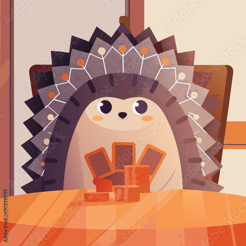 Cute Cartoon Hedgehog Playing Poker Fun Character Illustration