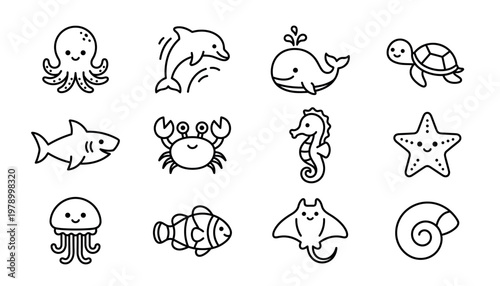 Black and white sea animal icons.