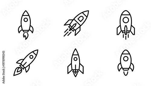 Black line art rocket ship icons.