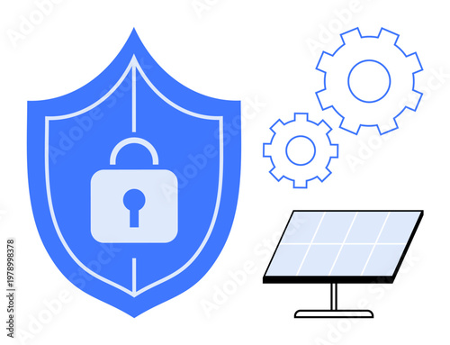 Cybersecurity, renewable energy, technology integration, energy security, system management, data protection. A shield with a lock, gears and a solar panel. Cybersecurity and renewable energy