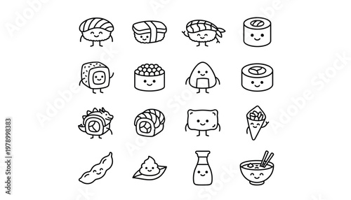 A variety of sushi and Japanese food icons.
