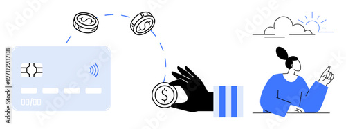 Digital payments, financial technology, contactless transactions, fintech solutions, cashless economy, online banking. Graphic showing a card, coins and a person pointing skyward. Digital payments