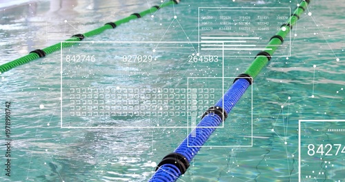 Showing blue floating lane divider cutting across lap pool water, with green divider and HUD nodes