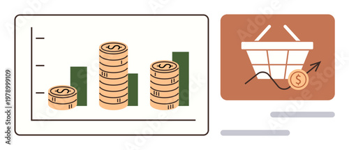 Financial analysis, e-commerce growth, investment strategy, digital economy, sales trends, data monitoring. Stacked coins with bar chart, shopping basket with arrow. Financial analysis and e-commerce
