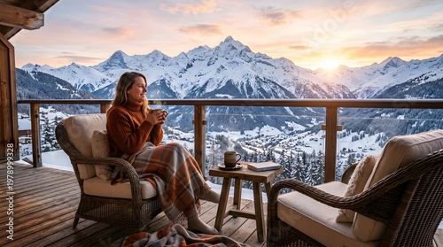 Cozy balcony with wooden flooring and comfortable armchairs.overlooking the snow-capped Swiss Alps during sunrise.