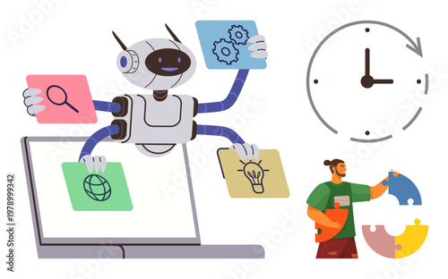 Artificial intelligence, teamwork, innovation, productivity, time management, collaboration. A robot interacting with various icons, a person working collaboratively. Artificial intelligence