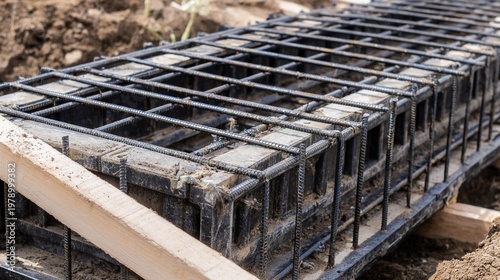 reinforcement. A reinforced concrete foundation structure at a construction site. real-estate listings, architecture portfolios, designed for interior renovation comparisons for interiors.
