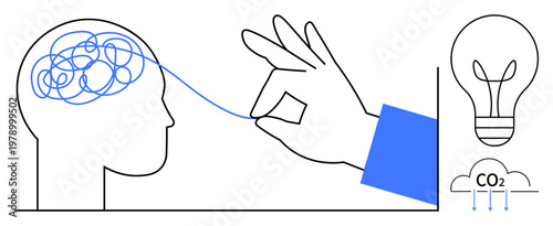 Mental clarity, creativity, problem-solving, eco-friendly innovation, sustainable ideas, climate change. Hand unraveling tangled thought string from brain and lightbulb. Mental clarity and creativity