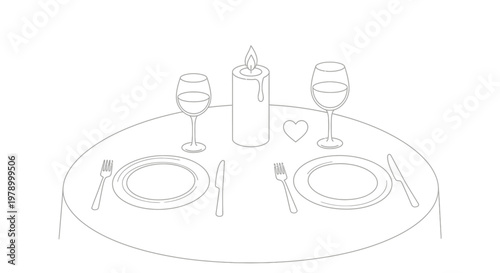 Romantic Dinner Table Setting for Two with Candle and Wine Glasses