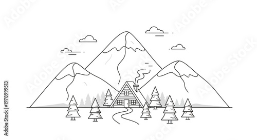 Cozy mountain cabin with snow-capped peaks and pine trees, line art illustration.