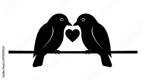 Silhouette of two birds on a wire with a heart, love symbol