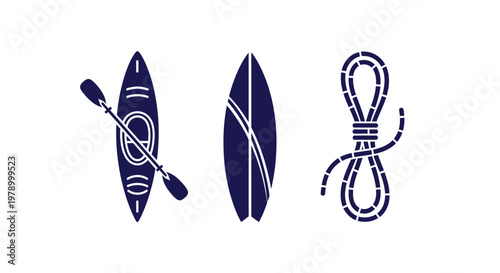 Kayaking, Surfing, and Rope - Water Sports Equipment Icons