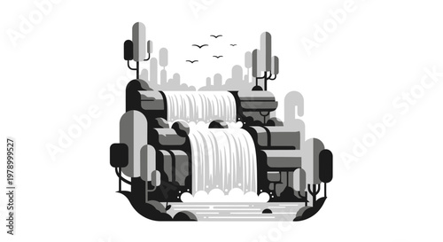 Desert Oasis Waterfall Landscape Illustration - Flat Design