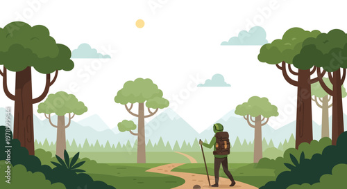 Hiker with backpack and poles on forest path, enjoying nature and outdoor adventure.
