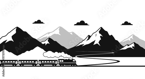Scenic Mountain Train Journey: Vintage Locomotive Travels Through Snowy Peaks