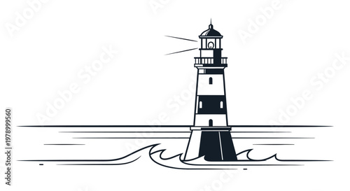 Lighthouse guiding ships at sea with light beam, maritime navigation beacon
