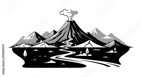 Volcano Eruption Landscape Scene with Flowing Lava and Mountains