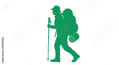Hiker Silhouette with Backpack and Trekking Poles, Green on White