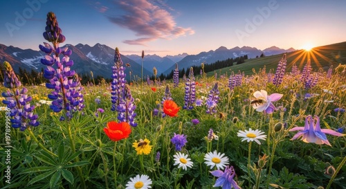 A serene field of colorful wildflowers set against a backdrop of majestic mountains during a peaceful sunset