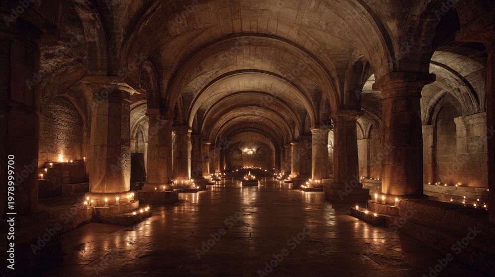 Fototapeta premium catacomb. An underground stone corridor with arched niches receding into darkness, dim candlelight. real-estate listings.