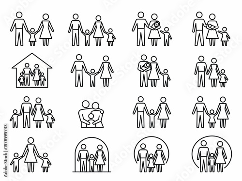 Family stick figures in various poses and relationships illustration