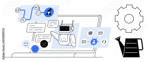 Customer support, AI technology, automation, chatbot communication, user feedback, problem solving. Robot chatbot interacting on a laptop screen. Customer support and AI technology concept