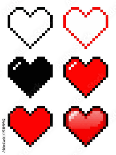 Pixel art heart shapes in various colors and designs