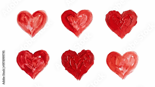 Set of six red heart shapes in different shades and textures on white