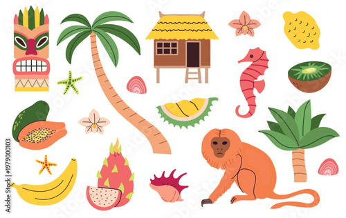 Tropical summer elements set in flat hand-drawn style. Vector collection with monkey, palm tree, tiki mask, bungalow, sea horse and exotic fruits like papaya, dragon fruit and banana for vacation desi