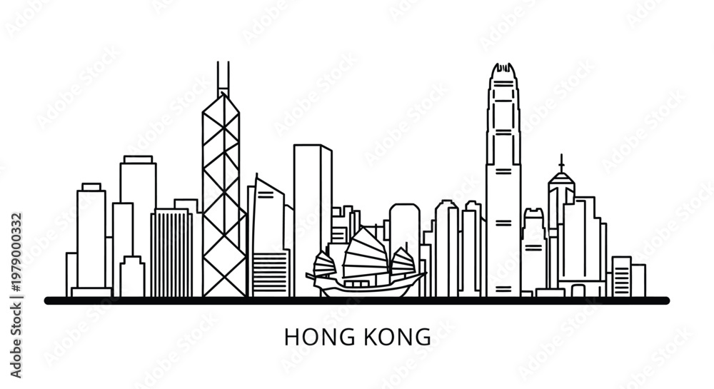 Naklejka premium Minimalist Hong Kong skyline outline with prominent buildings and a junk boat.