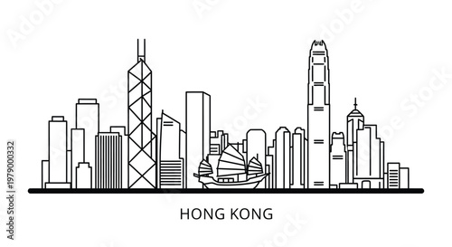 Minimalist Hong Kong skyline outline with prominent buildings and a junk boat.