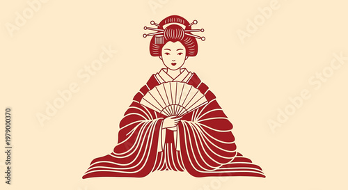A traditional Japanese geisha in a vibrant red kimono sits serenely holding a fan in an outline sketch vector illustration.