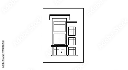 Modern Townhouse Facade Line Art Drawing, Contemporary Architecture Design