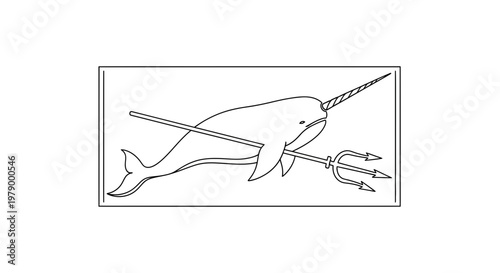 Narwhal with Trident, Mythical Sea Creature, Fantasy Ocean Animal Illustration