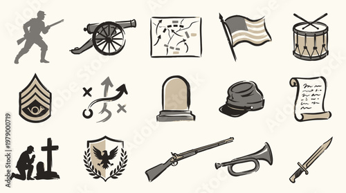 Collection of Civil War era military icons including soldiers, cannons, flags, drums, maps, and graves.